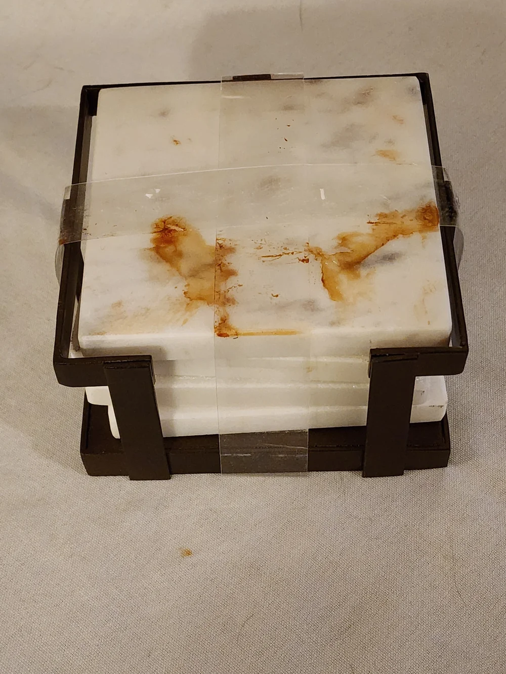 White Marble Coaster Set (4) with Brown Holder